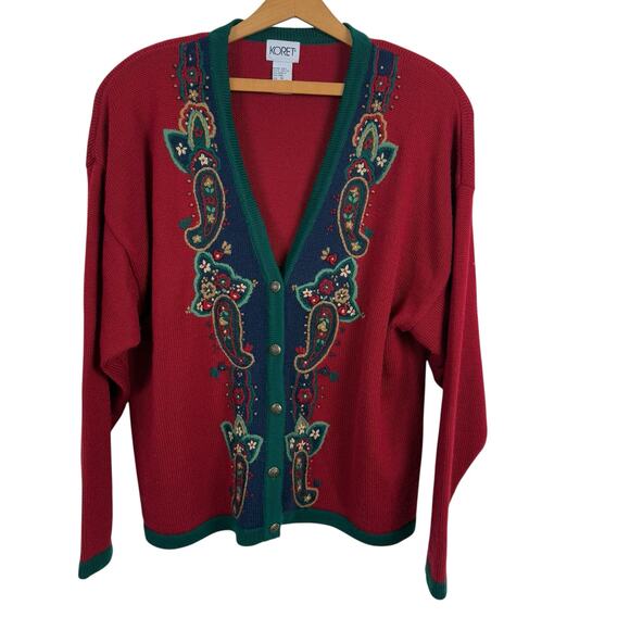 Vintage 90s Koret Women Wool Blend Cardigan Sweater XL Embroidered Floral Boho - Picture 1 of 7